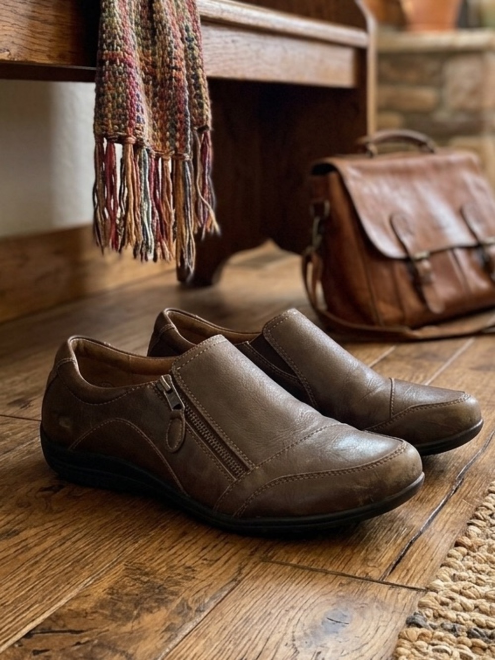 Taos Character Women's Brown Leather Comfort Loafers Zip Up Shoes Size 9.5 M